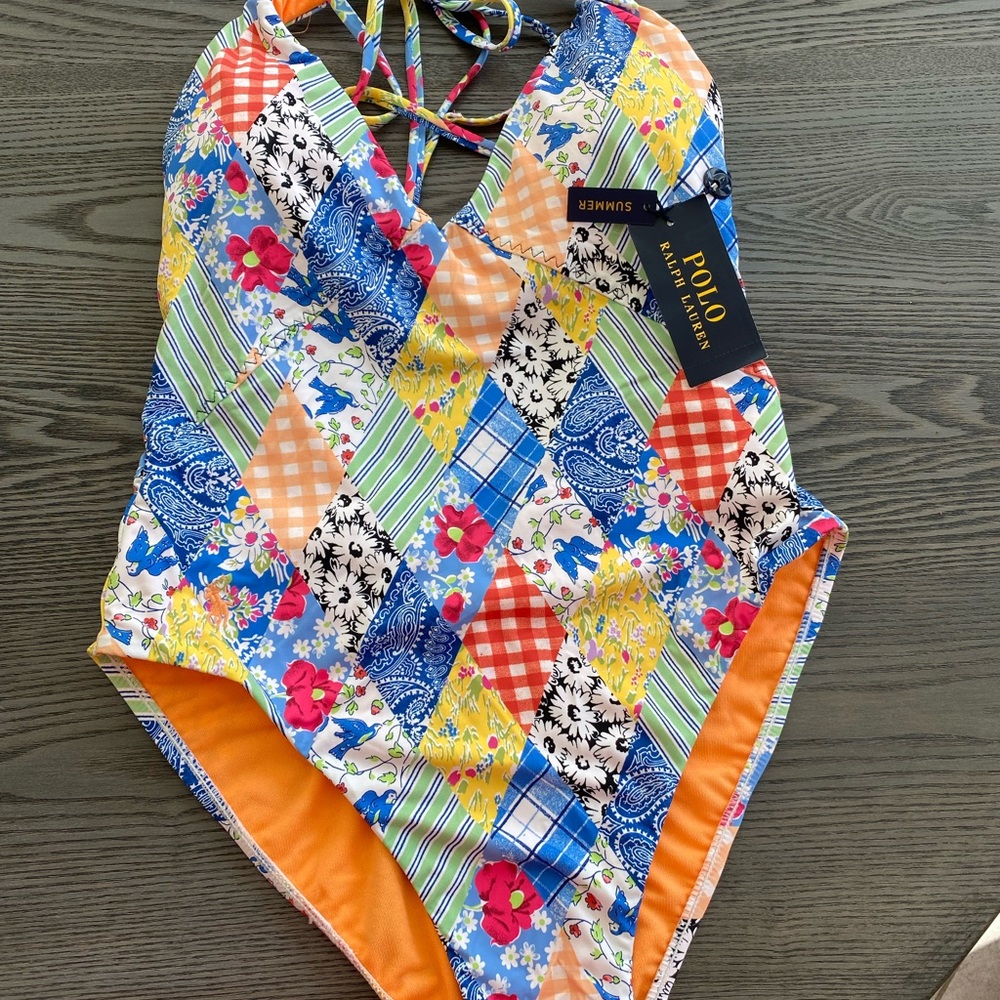 Polo Ralph Lauren Patchwork Plunge Neck One Piece Swimsuit